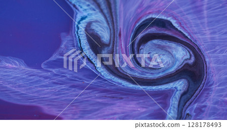 Swirl art. Ripple paint liquid. Defocused purple blue color chemical golden sparkling stream flow on abstract acrylic neon background. 128178493