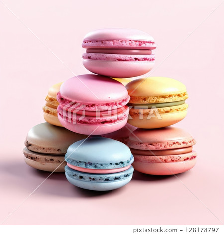 an AI Image Generator, Colorful French Macarons Stacked 128178797