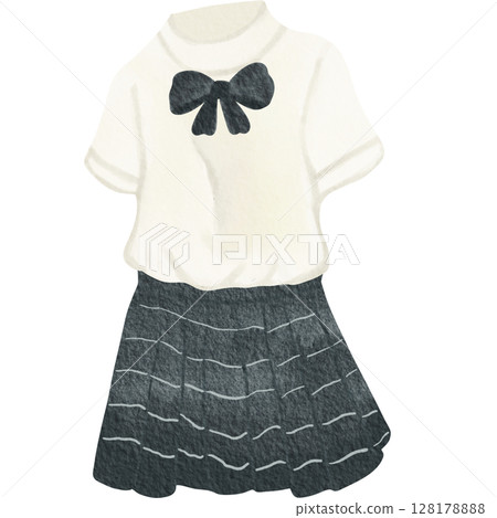 A watercolor illustration of a school uniform featuring a white short sleeved blouse with a blue bow and a pleated dark skirt. A watercolor illustration of a school uniform featuring a white short sleeved blouse with a blue bow and a pleated dark skirt. 128178888