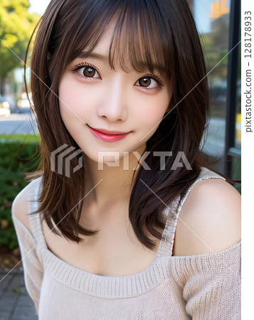 A medium-haired woman smiling gently in the city 128178933