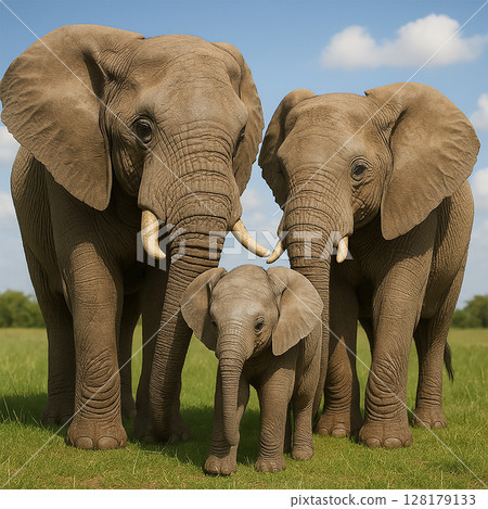 Photorealistic African Elephant Family Standing on Savanna Grassland 128179133