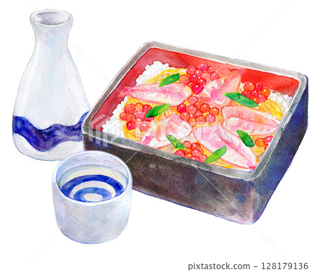 Watercolor illustration, hand-drawn illustration, chirashi sushi and sake 128179136
