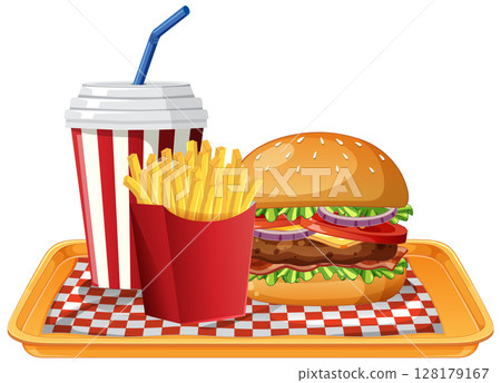 Classic Fast Food Tray with Burger and Fries Classic Fast Food Tray with Burger and Fries 128179167