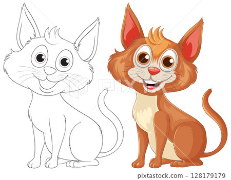 Playful Cartoon Cat with Outline Sketch 128179179