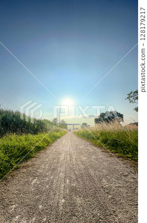 A Beautiful Sunlit Gravel Path Winding Through Lush Greenery in Natures Embrace A Beautiful Sunlit Gravel Path Winding Through Lush Greenery in Natures Embrace 128179217