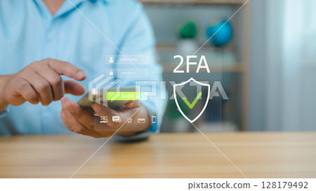 Secure online access, data protection, and privacy technology. Cybersecurity and digital safety concept. Man using smartphone for two-factor authentication login with virtual interface. Secure online access, data protection, and privacy technology. Cybersecurity and digital safety concept. Man using smartphone for two-factor authentication login with virtual interface. 128179492