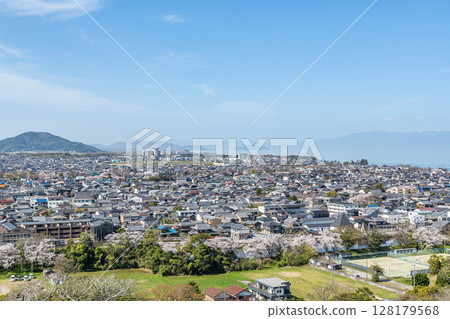 Hikone City, Shiga Prefecture: View of the Hikone townscape from Hikone Castle Hikone City, Shiga Prefecture: View of the Hikone townscape from Hikone Castle 128179568