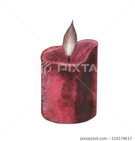 Witch's magical red wax candle with dark flame isolated on white background. Watercolor hand drawn dark fantasy sketch illustration. Art design mystical halloween witch decoration greeting card 128179617