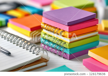 Stack of Colorful Sticky Notes and Notebooks on... - Stock Illustration ...