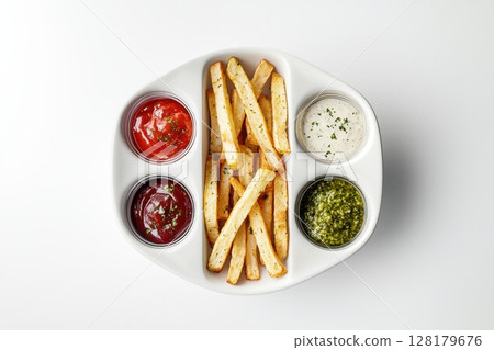 Indulge in these Delicious and Crispy French Fries served with Assorted Dipping Sauces 128179676