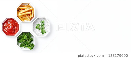 Indulge in Delicious Dipping Sauces Perfectly Paired with Crispy Fries and Fresh Herbs 128179690