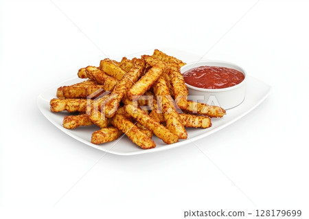 Enjoy the incredible and deliciously crispy French fries served with a side of ketchup dip 128179699