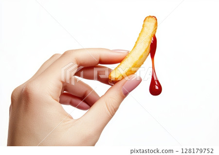 Delicious and crispy French fries perfectly dipped in flavorful ketchup, a true delight 128179752