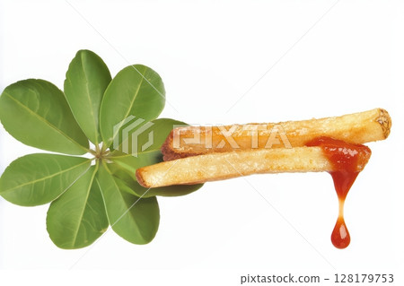 Crispy Snacks with Ketchup on a Bright Green Background, Perfect for Any Occasion 128179753