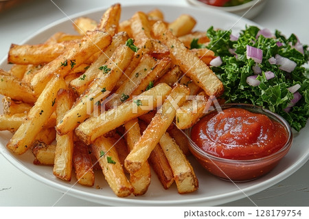 Crispy Golden French Fries served with Delicious Ketchup and a Fresh Salad Garnish on the Side 128179754