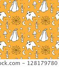 Seamless Halloween pattern with pumpkin, candles, ghost, web and stars. 128179780