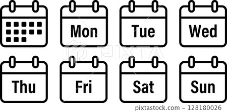 Calendar icon illustration for apps, websites and UI, black and white line drawing, day of the week 2 128180026
