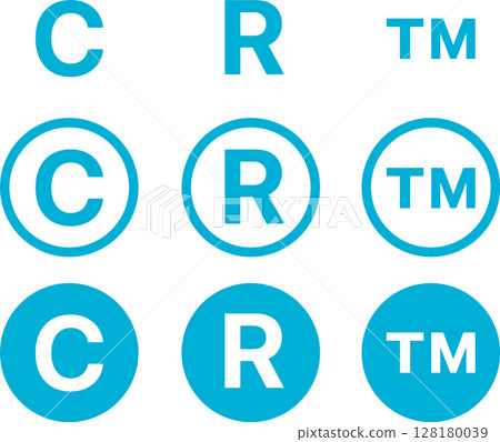 Copyright, registration, trademark icons, illustrations, symbols blue 128180039