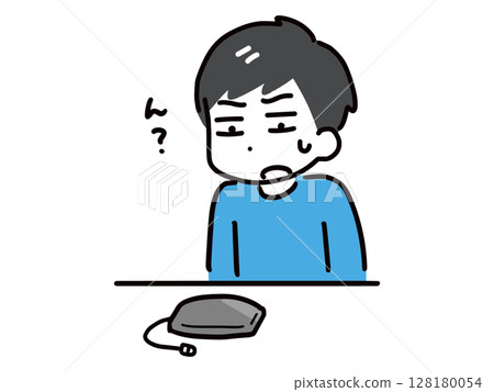 A young man in civilian clothes discovers a swollen mobile battery (Vector) A young man in civilian clothes discovers a swollen mobile battery (Vector) 128180054