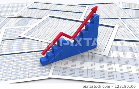 Business document with numerical data and rising 3d arrow and bar graph Business document with numerical data and rising 3d arrow and bar graph 128180106