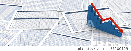 Business document with numerical data and a falling 3d arrow and bar graph 128180109