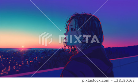 日落時分欣賞城市景觀的女人 日落時分欣賞城市景觀的女人 128180162