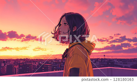 日落時分欣賞城市景觀的女人 128180163