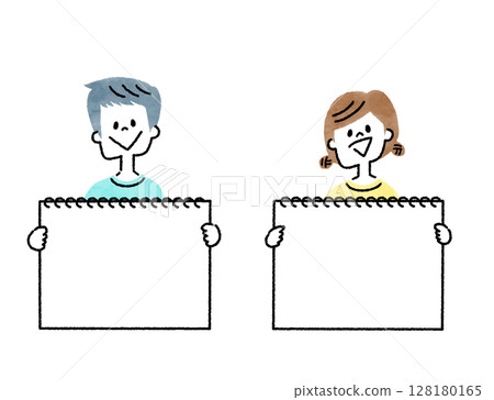 Line drawing illustration of a boy and girl holding a sketchbook 128180165