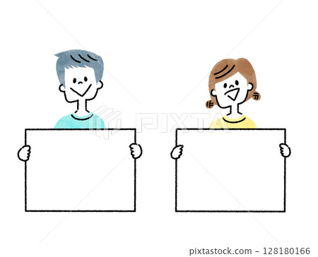 Smiling boy and girl holding a message board Smiling boy and girl holding a message board 128180166