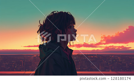 A woman looking at the city at sunset 128180174