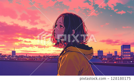 一位女士在日落時凝視著這座城市 128180175