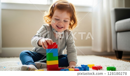 Joyful toddler girl with feeding tube playing with colorful building blocks 128180278