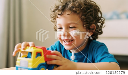 Happy child with feeding tube playing with toy truck, showing resilience and joy 128180279