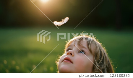 Innocent child gazing up at a delicate white feather floating in golden sunlight 128180285