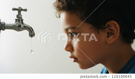 A young boy intently watches a single water drop fall from a dripping faucet, symbolizing water conservation. 128180645