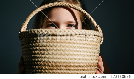 Young girl curious eyes peeking over a natural woven basket in shadow 128180656