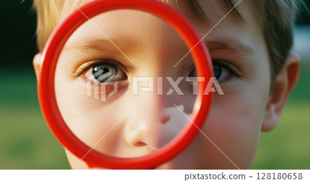 Curious young boy eye magnified by a red toy magnifying glass, close up. Curious young boy eye magnified by a red toy magnifying glass, close up. 128180658