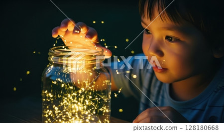 Young boy reaching into a glowing jar of lights, capturing the magic of childhood wonder. Young boy reaching into a glowing jar of lights, capturing the magic of childhood wonder. 128180668