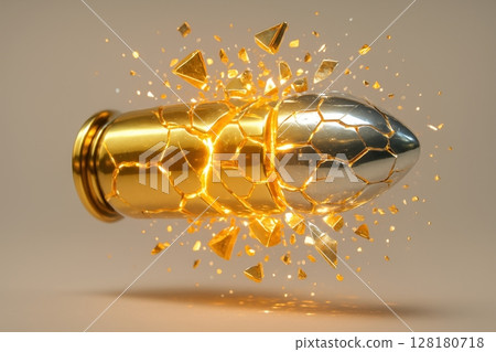 Golden and silver bullet shattering into luminous geometric shards 128180718