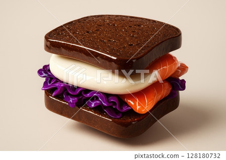 High glossy 3D gourmet sandwich with dark rye bread, mozzarella, purple cabbage, and salmon High glossy 3D gourmet sandwich with dark rye bread, mozzarella, purple cabbage, and salmon 128180732