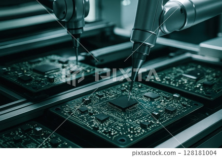 Robotic arm precisely assembling intricate electronic circuit boards on an automated production line 128181004