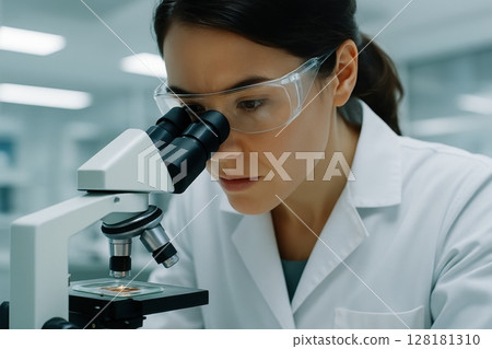 Female scientist in lab coat and goggles examining sample under microscope Female scientist in lab coat and goggles examining sample under microscope 128181310