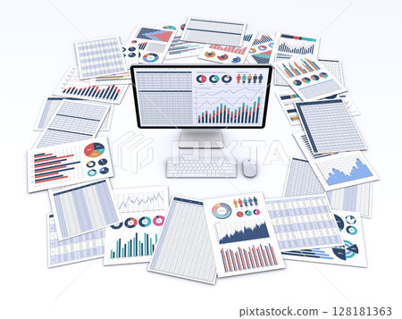 A desktop computer and business documents around it 128181363