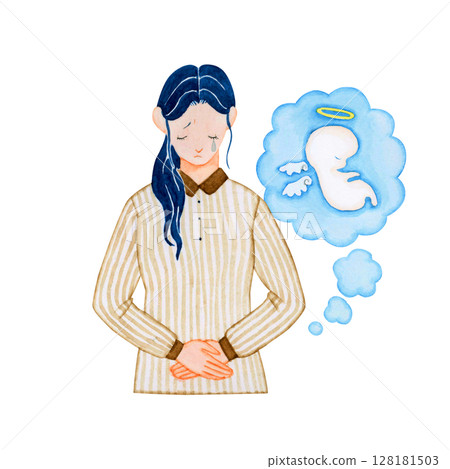 Pregnancy, pregnancy, woman grieving over miscarried baby, watercolor illustration 128181503