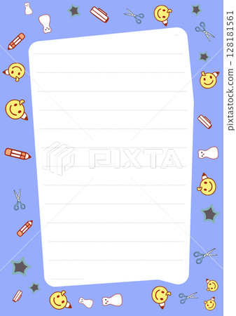Cute stationery design featuring a lined notepad bordered by cheerful smiley faces, pencils, scissors, and stars on a light blue background perfect for notes and journaling. 128181561