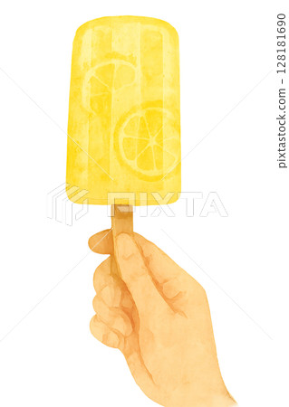 Watercolor illustration of a lemon-flavored popsicle being held in hand 128181690