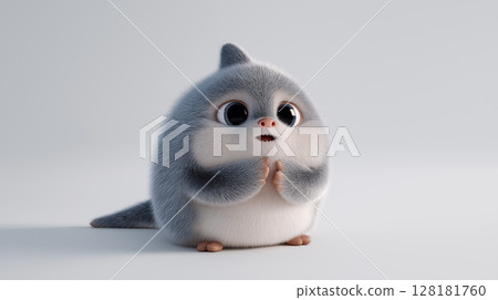 Cute shark character with a fluffy appearance delightfully posed against a clean white background 128181760