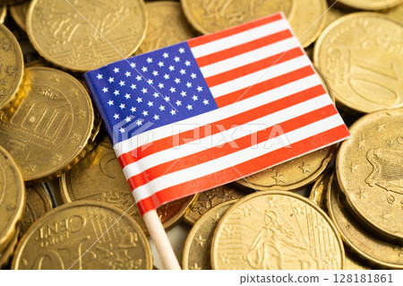 US America flag on coin and banknote money, finance trading investment business currency. US America flag on coin and banknote money, finance trading investment business currency. 128181861