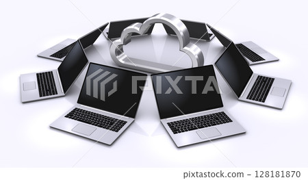 筆記型電腦和雲端圖示排列成一個圓圈,雲端運算圖像 筆記型電腦和雲端圖示排列成一個圓圈,雲端運算圖像 128181870