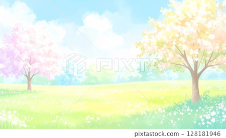 春風吹拂，一片盛開的淡彩花田 128181946